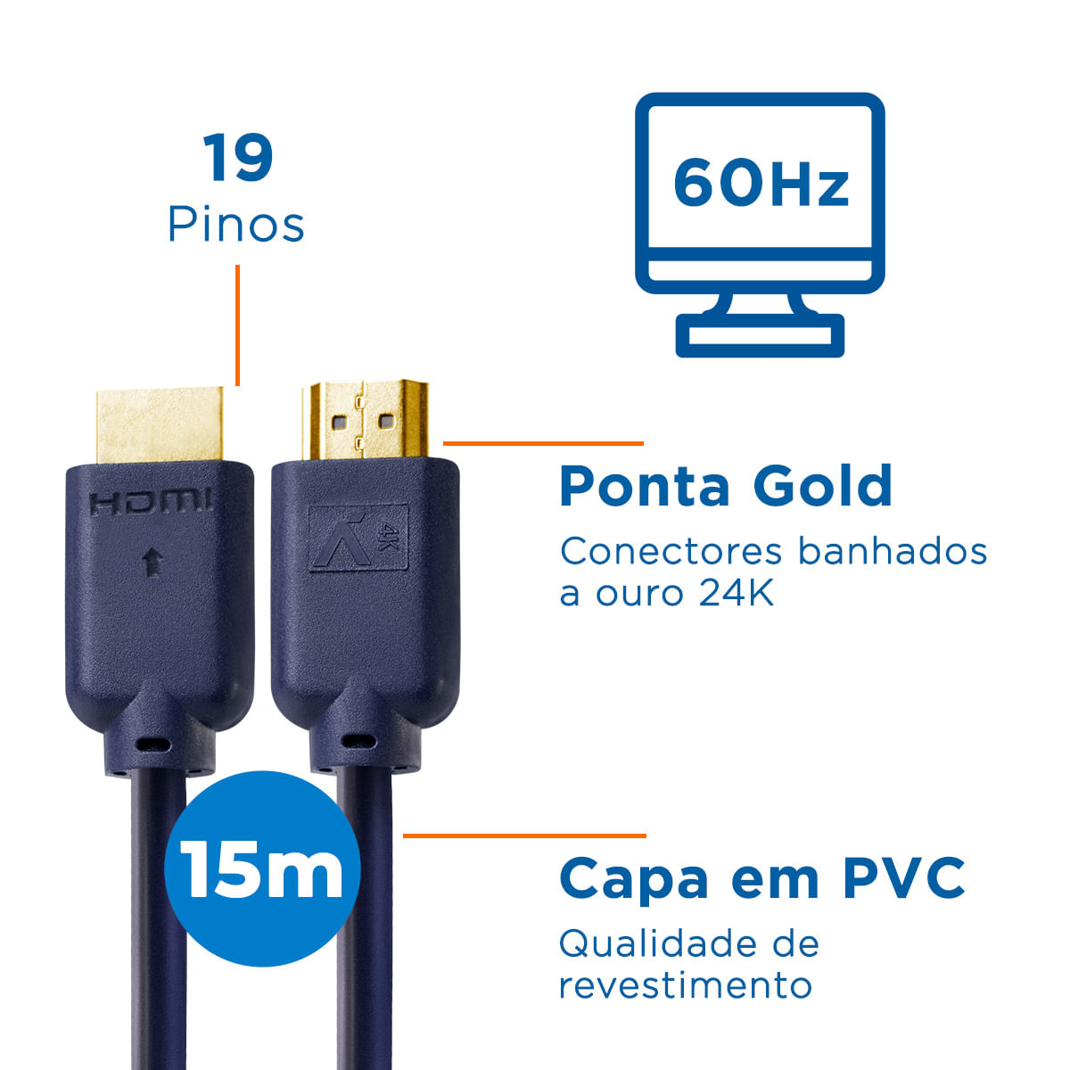 Cabo HDMI Flat 2.0 4K com Malha Náutica 15,0 Metros